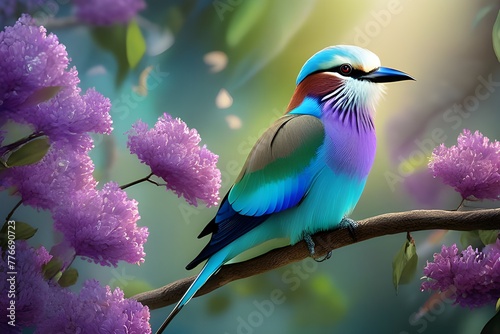  Colorful bee eater bird perched on branch with purple flowers.