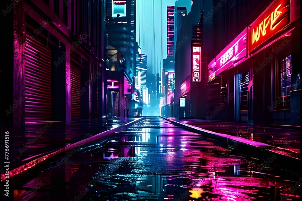  . A night city street illuminated by neon lights.