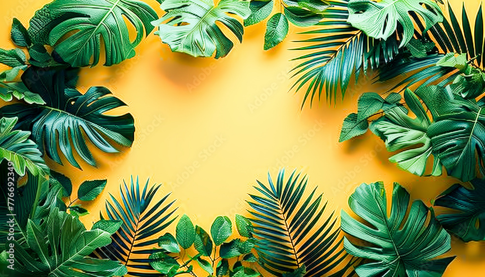 Tropical green leaves framing a central yellow background, creating a vibrant and fresh nature-inspired border with a summery feel.