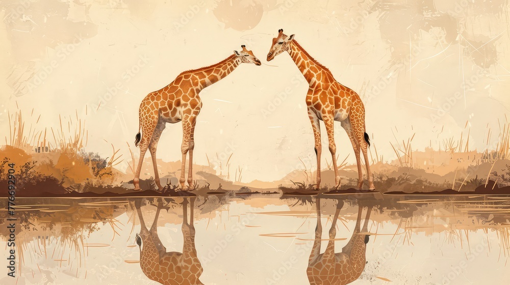 Obraz premium Giraffe Networking, Creative illustrations depicting giraffes connecting with each other, symbolizing networking, communication, and collaboration