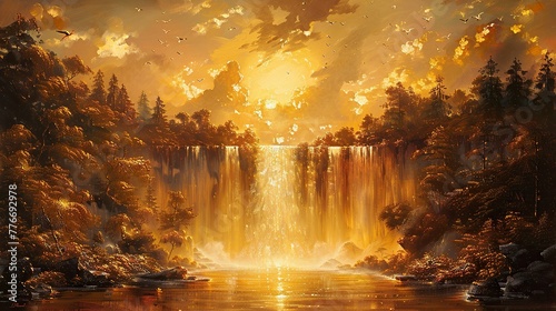 waterfall light gift from heaven pavilion and angels baroque academic style of oil golden painting  technical proficiency  classic academic painting