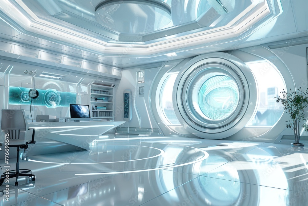 A large, open room with a blue ceiling and walls. A large, open room with a blue ceiling and walls.