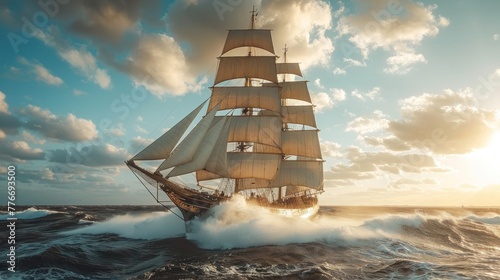 A large ship sails through the ocean with a bright sun shining on it.