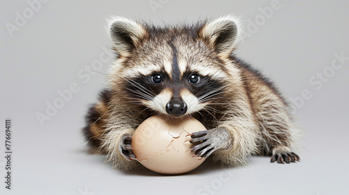 A baby raccoon is holding an egg in its mouth