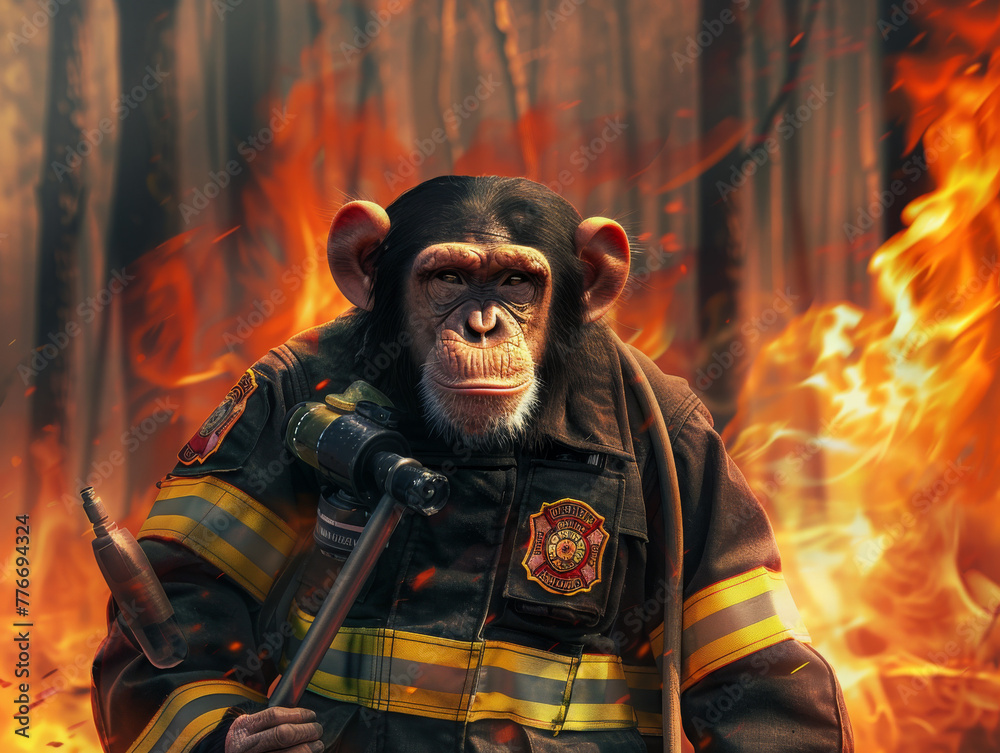 A monkey is wearing a fireman's uniform and holding a fire hose