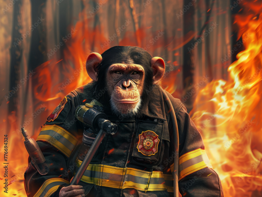 A monkey is wearing a fireman's uniform and holding a fire hose A monkey is wearing a fireman's uniform and holding a fire hose