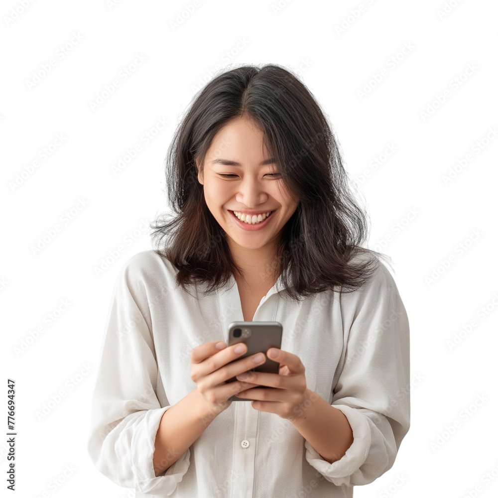 Asian Woman Joyfully Texting on Smartphone