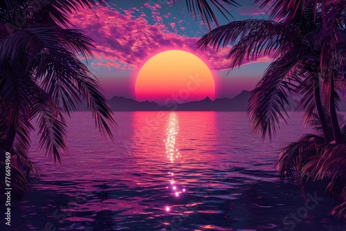 A beautiful sunset over the ocean with palm trees in the background  neon style..