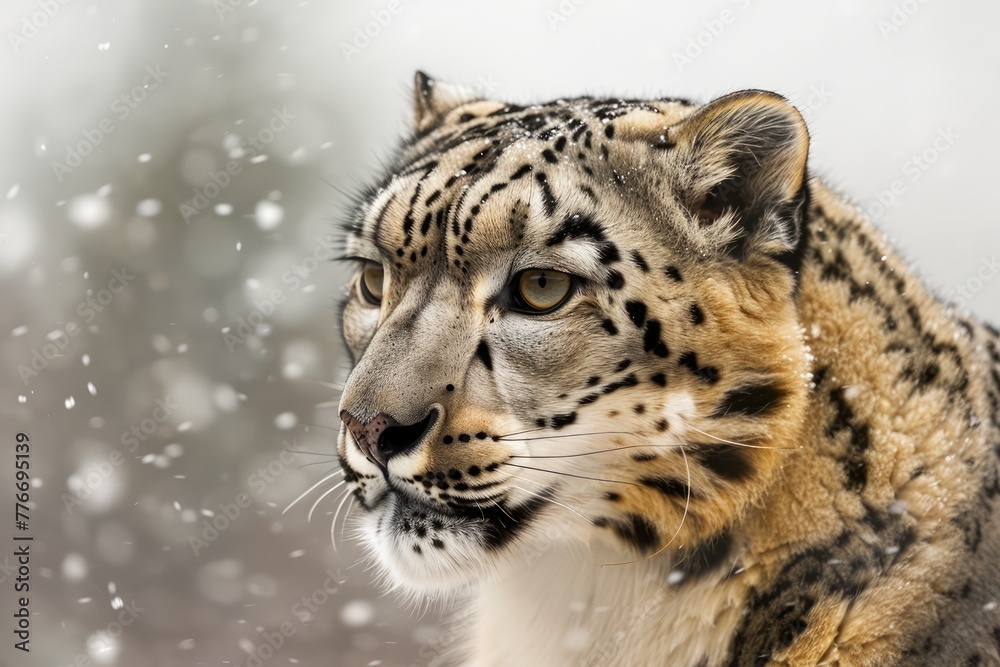 Majestic Snow Leopard in Snowfall Close Up Portrait, Endangered Wild Cat in Natural Habitat, Winter Wildlife Scene Majestic Snow Leopard in Snowfall Close Up Portrait, Endangered Wild Cat in Natural Habitat, Winter Wildlife Scene