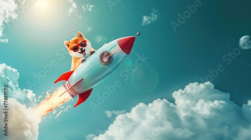 A dog is wearing sunglasses and is riding a rocket.