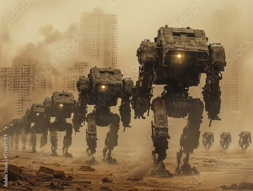 A group of robots walking in a desert with buildings behind them. Generative AI.