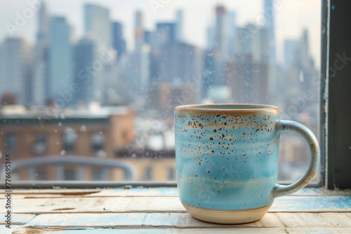 Mug on windowsill with cityscape.