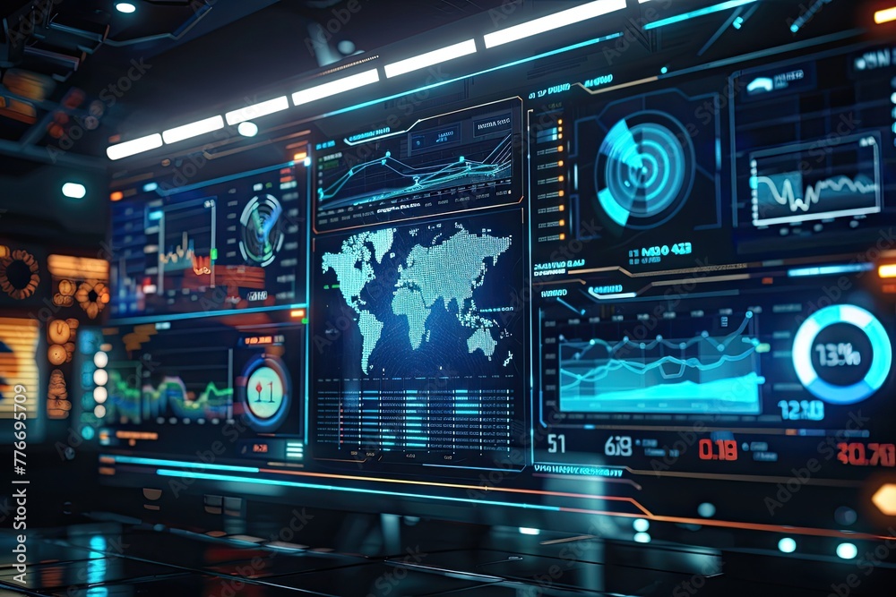 A futuristic holographic display of a stock market dashboard with interactive 3D charts and global economic indicators