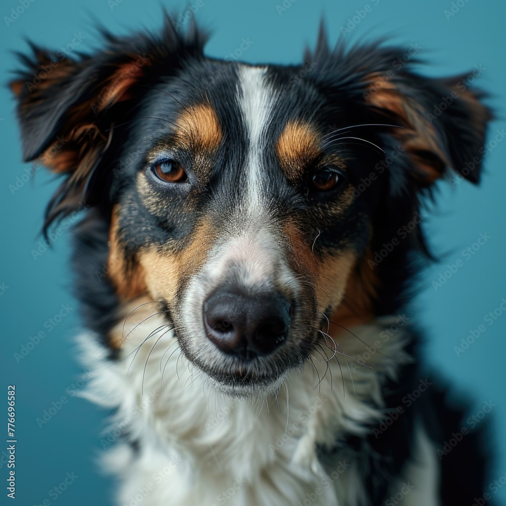 A close up of a dog looking at the camera with blue background. Generative AI.