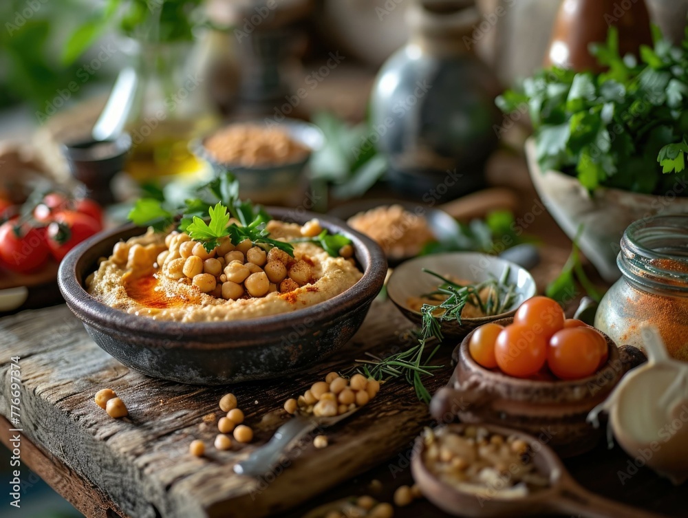 A bowl of hummus with chickpeas and tomatoes on a wooden table. Generative AI.