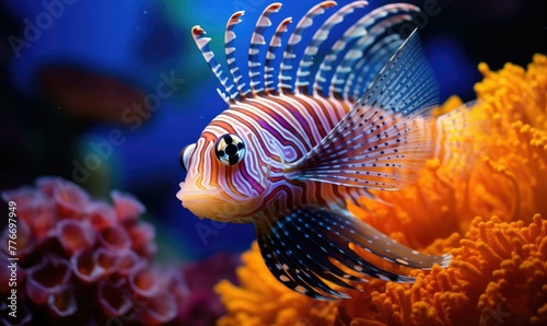 A lionfish swimming in an aquarium with colorful corals. Generative AI.