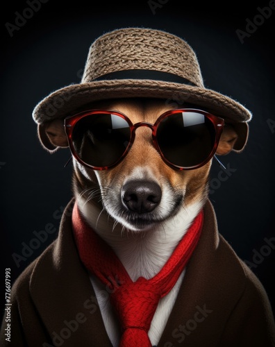 A dog wearing a hat, sunglasses and tie with red scarf. Generative AI. © serg3d