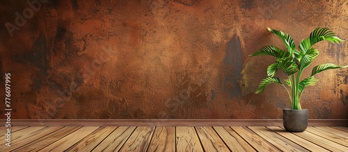 A plant in a pot on a wooden floor in front of a rusty wall photo