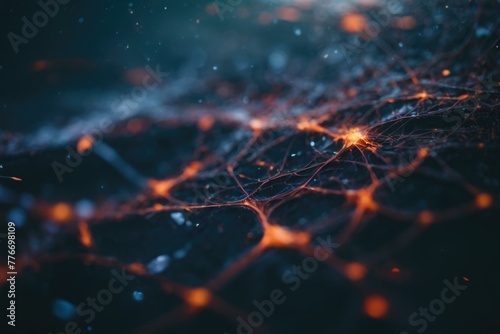 A close up of a networked brain with orange lights. Generative AI.
