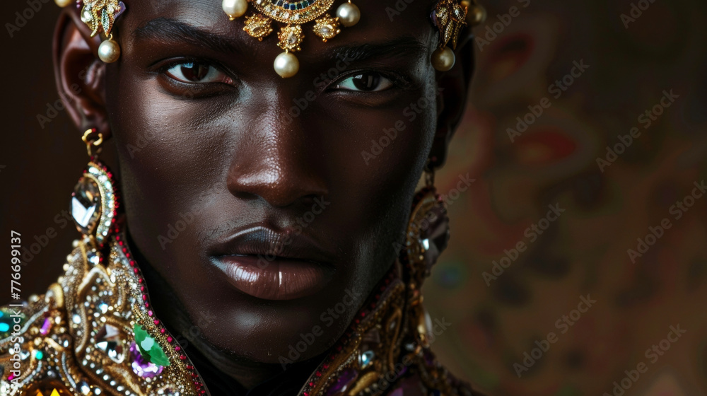 In a lavish display of beauty a dashing black man is adorned with richly colored gemstones and dd in luxurious silks. With an air of mystery and allure he embodies the charm and allure .