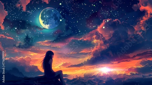 Luminescent Dreams: Enchanting Anime Girl Amidst a Beautiful Night Sky. Seamless looping time-lapse virtual 4k video animation background photo