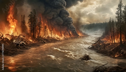 Climate change showing natural disasters, floods and forest fires. Global warming concept photo