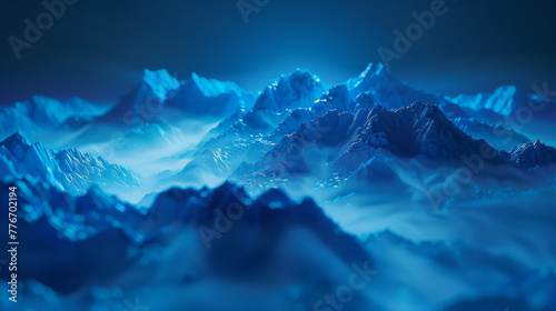 3D render of a cyan blue abstract landscape with flowing water and mountains made from glowing particles