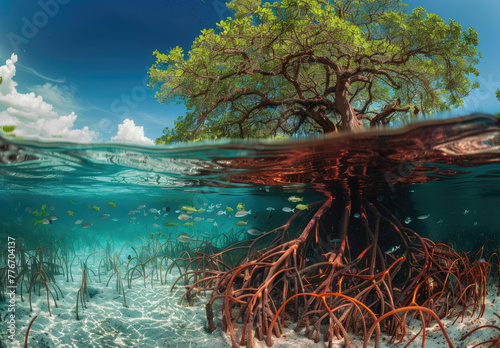 mangroves growing on both sides of shallow water with clear and transparent blue-green waters at their base. The underwater part shows many small fish swimming around in light orange coral reefs