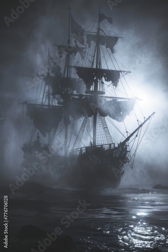 Haunting ghost ship with ethereal mists, tattered sails, and the silhouette of a ghastly crew, capturing the supernatural elements of pirate legends created with Generative AI Technology