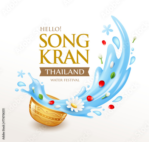 Songkran water festival thailand, jasmine flowers, rose petals, white flower in a water bowl water splashing, poster design, isolated on white background, EPS 10 vector illustration
