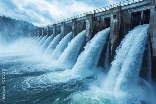 A hydroelectric dam releasing water from multiple spillways.