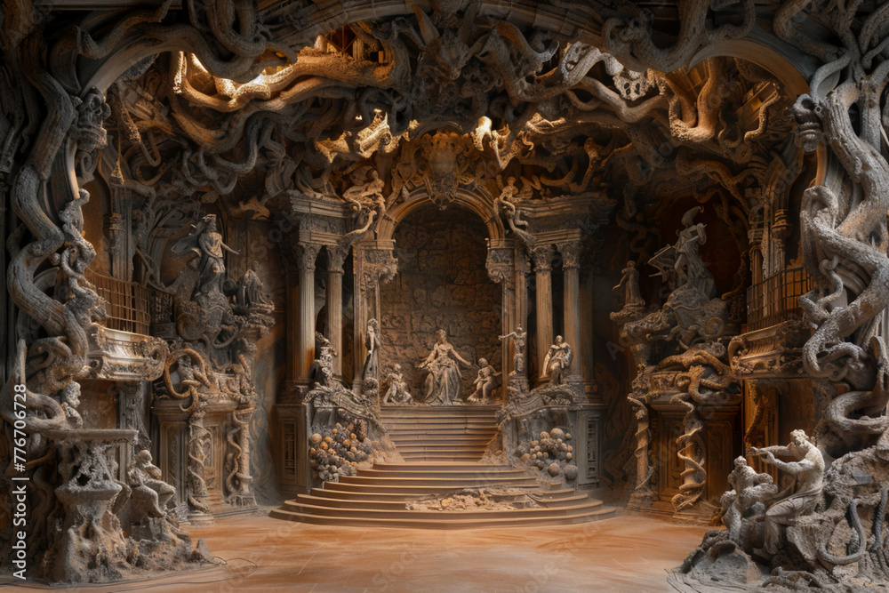 Craft a surreal depiction of Satan holding court in a grand presentation hall adorned with twisted architecture and grotesque statues, as he weaves a web of deceit and temptation - obrazy, fototapety, plakaty 