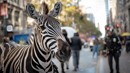 A zebra is standing in the middle of a busy city street
