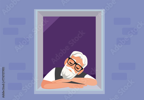 Melancholic Senior Grandpa Sitting by the Window Vector Illustration. Stressed retired person feeling tired and depressed 
