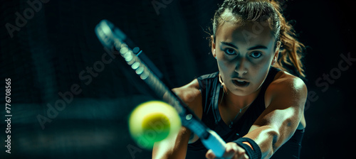 Intense female tennis player in action with focused gaze on dark background