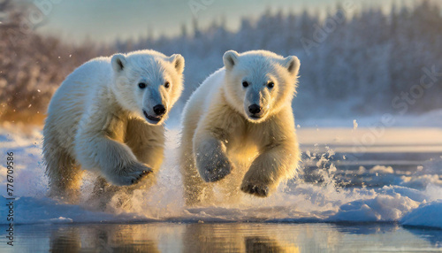 closeup of two snow polar bear cubs jumping and playing in the snow, stepping out of the snow 