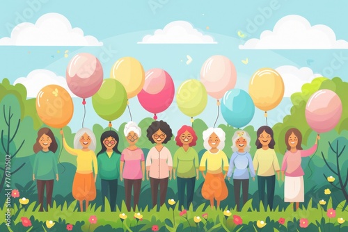 Group of people standing in field with balloons