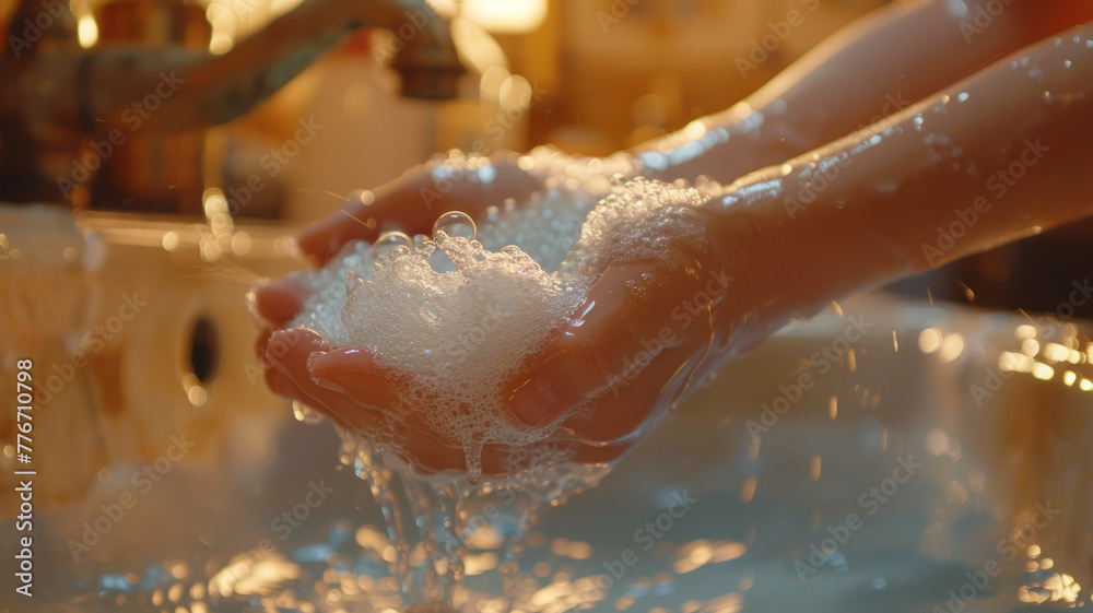 Fototapeta premium Washing hands with children's soap,generative ai