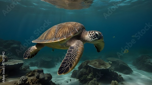 Green turtle underwater .Generative AI