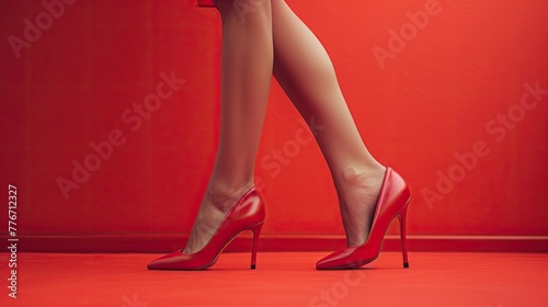 A slender girl is walking in red shoes on a red background.