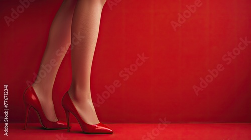 Cute feet of a girl in red shoes on a bright red background.