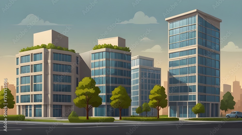 Four cartoon office vector buildings with trees .Generative AI