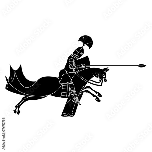 Medieval knight riding with spear on a horse. Lancelot. Illuminated manuscript design. Black and white silhouette.
