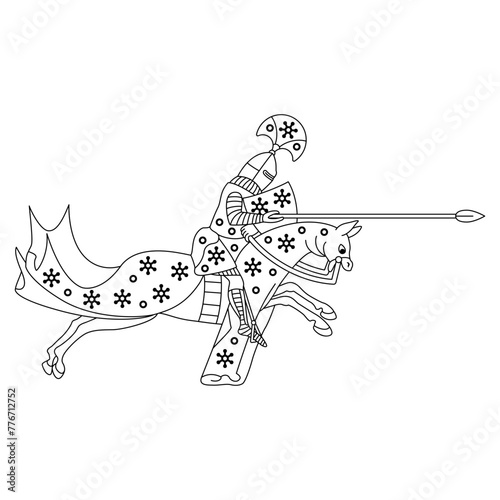 Medieval knight riding with spear on a horse. Lancelot. Illuminated manuscript design. Black and white linear silhouette.