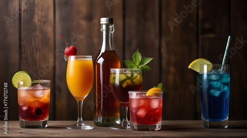 Different alcohol cocktails on wooden background .Generative AI