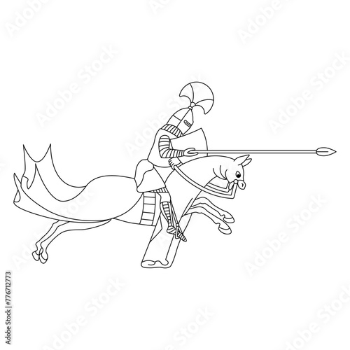 Medieval knight riding with spear on a horse. Lancelot. Illuminated manuscript design. Black and white linear silhouette.