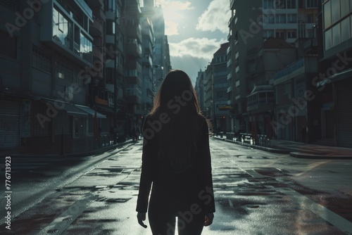 A woman's shadow is cast on a city street, backlit by a striking sunburst through the overcast sky. Concept of loneliness and isolation