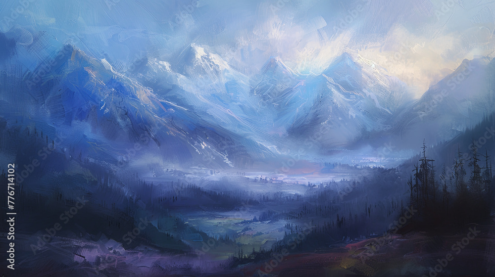 Misty Mountain Landscape Impressionist Art