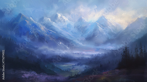 Misty Mountain Landscape Impressionist Art © เอิร์ท เด็กอ้วนฟาร์ม