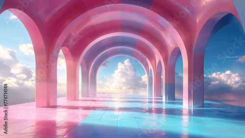 rainbow pastel 3d arch in the clouds, surreal room with rainbow colored floor and sky,generative ai